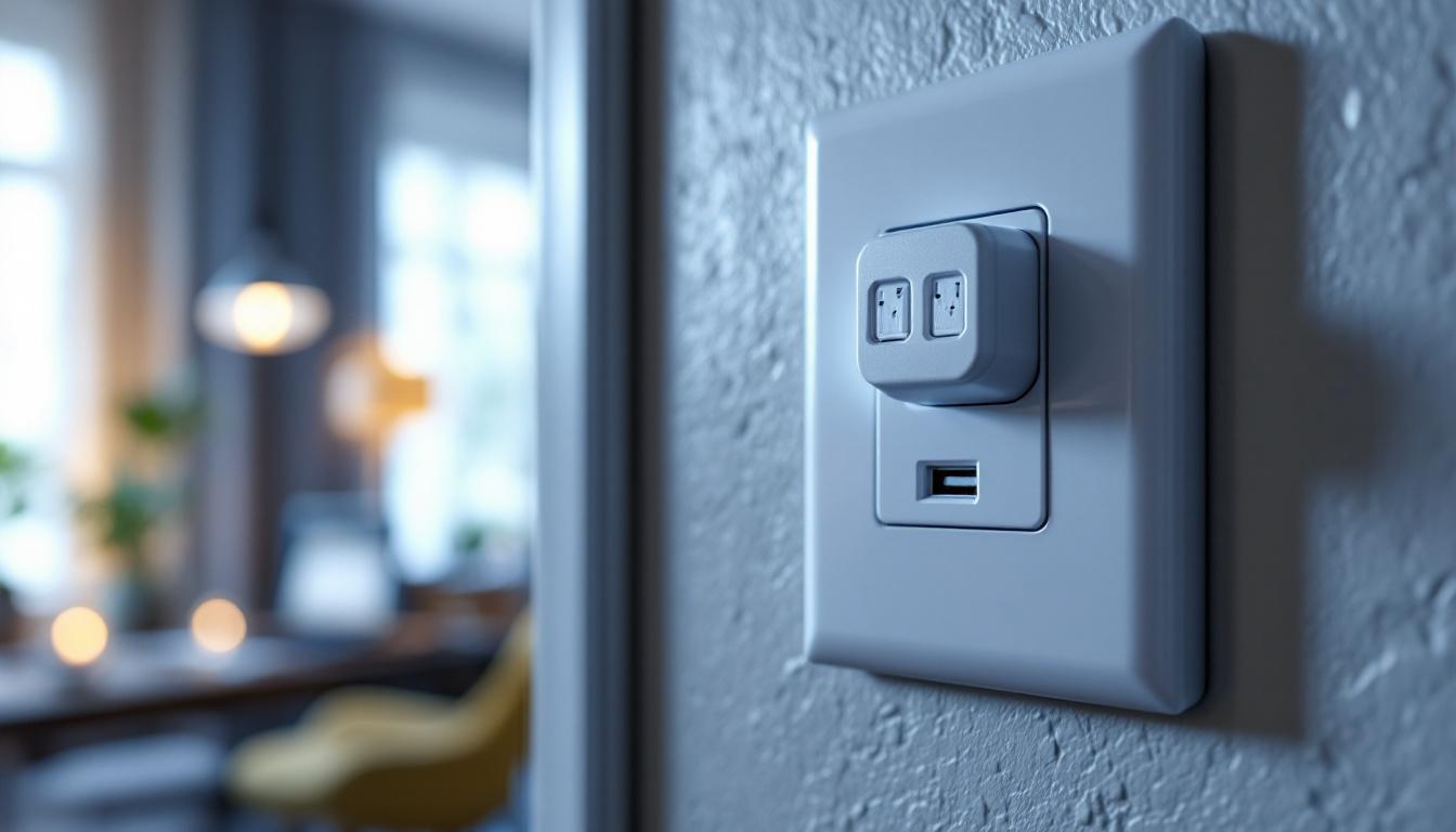 A photograph of a close-up view of a wall receptacle with usb ports