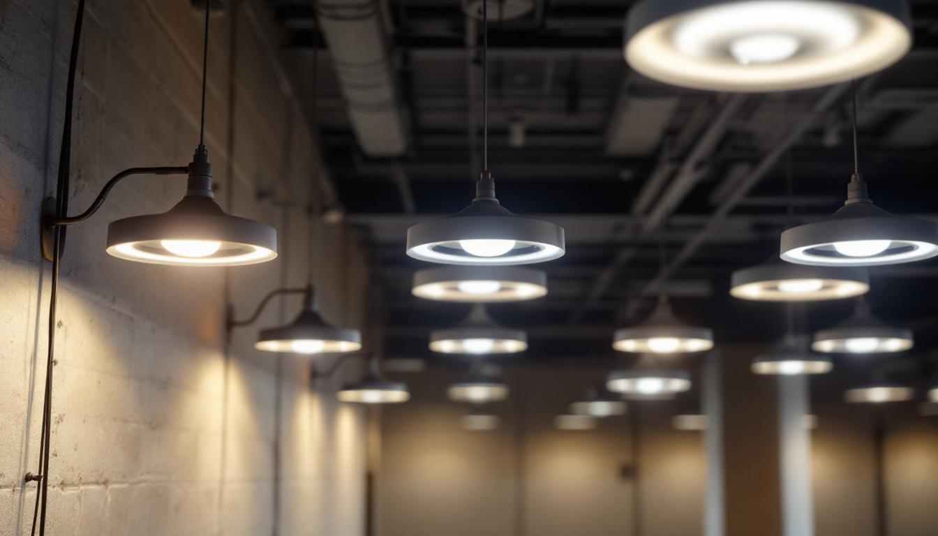 A photograph of a modern lighting installation featuring e-ballast technology in a commercial or industrial setting