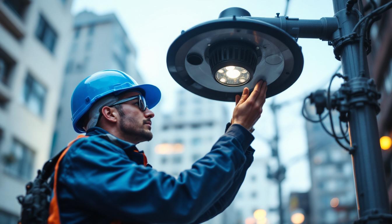 A photograph of a close-up view of an electrical engineer inspecting a street lamp cover