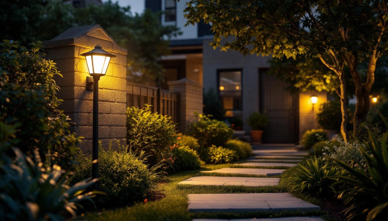 A photograph of a well-lit outdoor scene featuring a motion detection light in action
