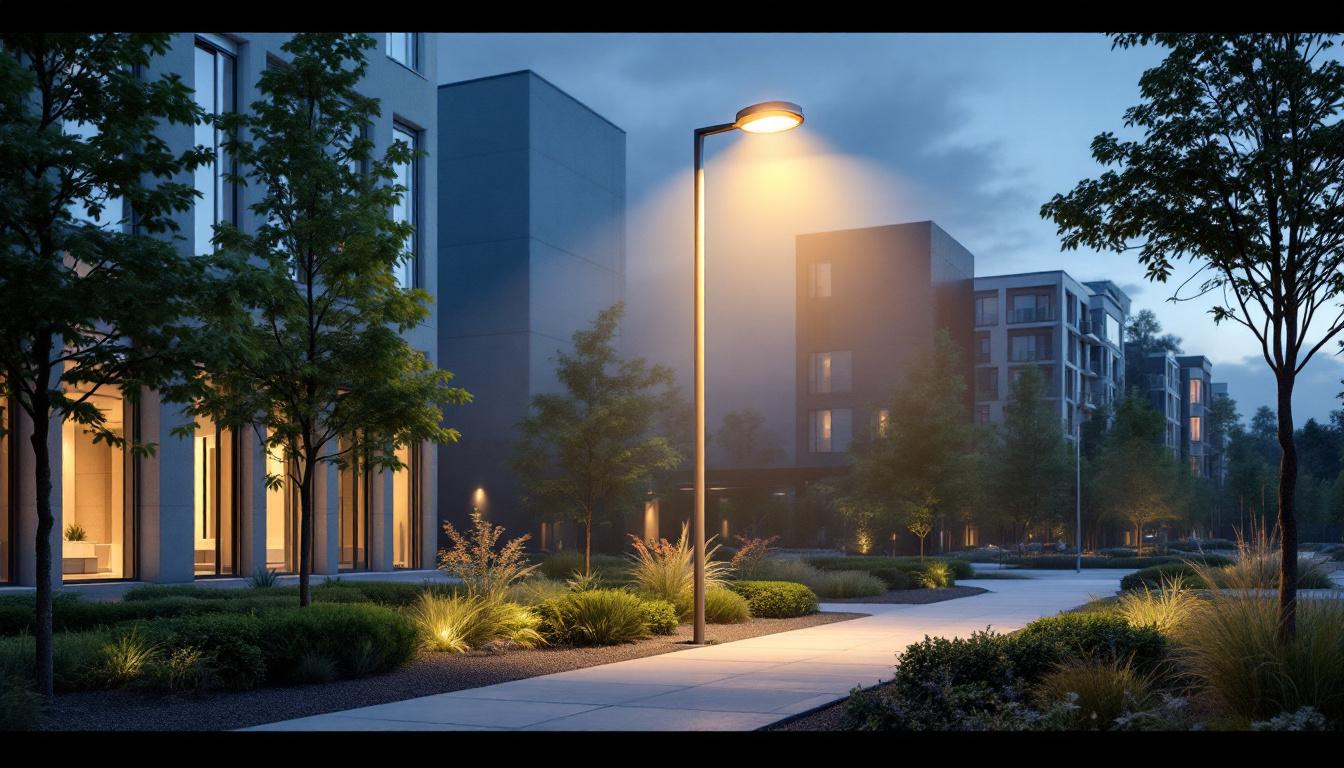 A photograph of a well-designed light pole installed in an urban setting