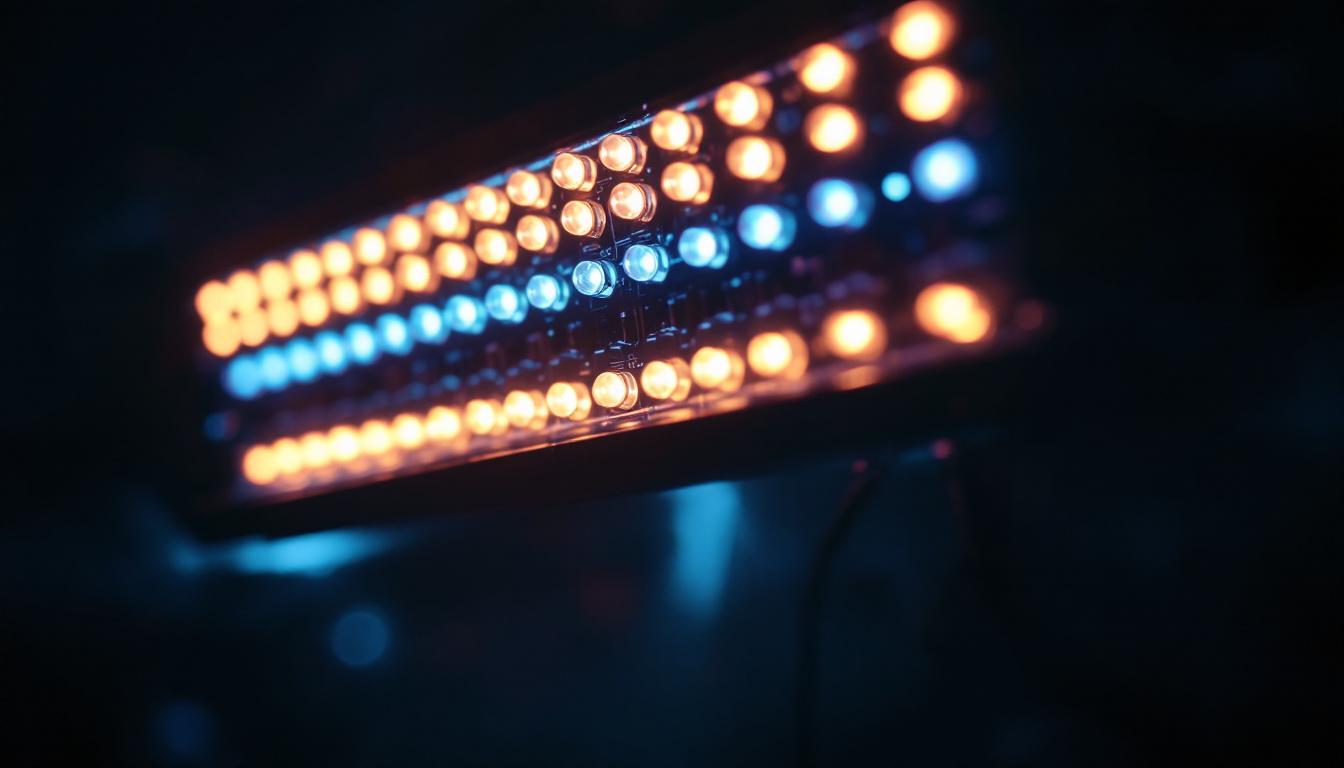 A photograph of a vibrant electric light installation or a high-intensity led setup in a dark environment