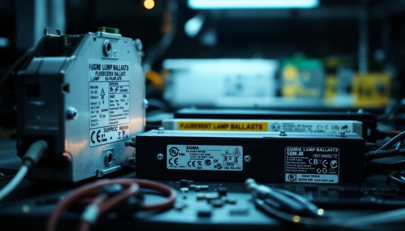 A photograph of a close-up view of different types of fluorescent lamp ballasts