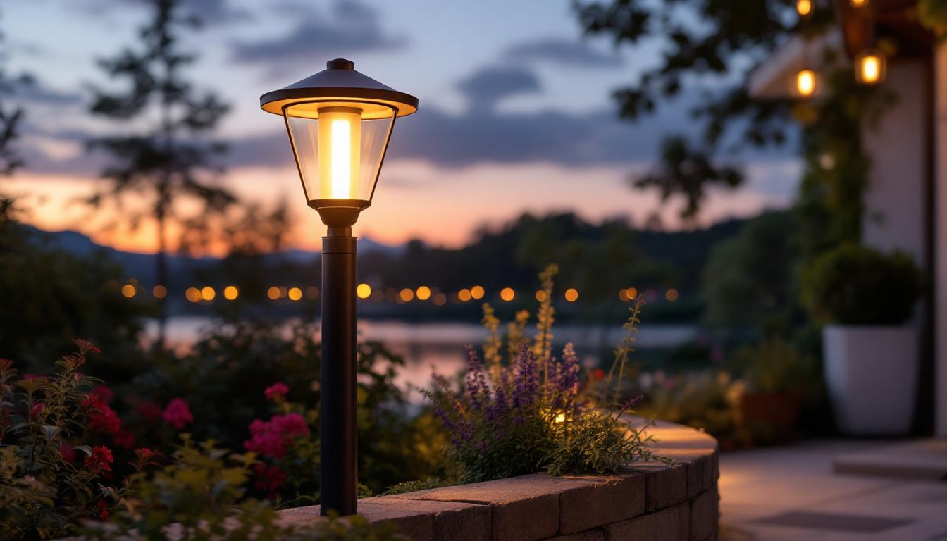 A photograph of a beautifully designed post mount light fixture illuminating a scenic outdoor space during twilight