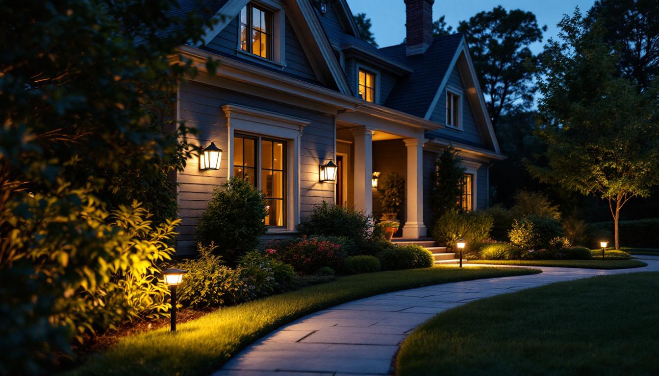 A photograph of a well-lit outdoor scene featuring a house with strategically placed security lights illuminating pathways and entry points