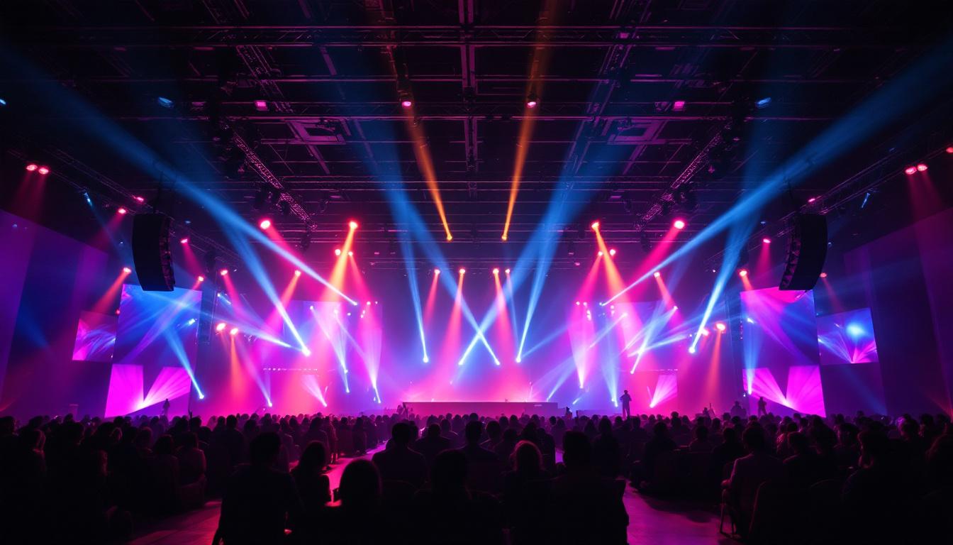 A photograph of a large-scale event space showcasing various types of uplighting in action