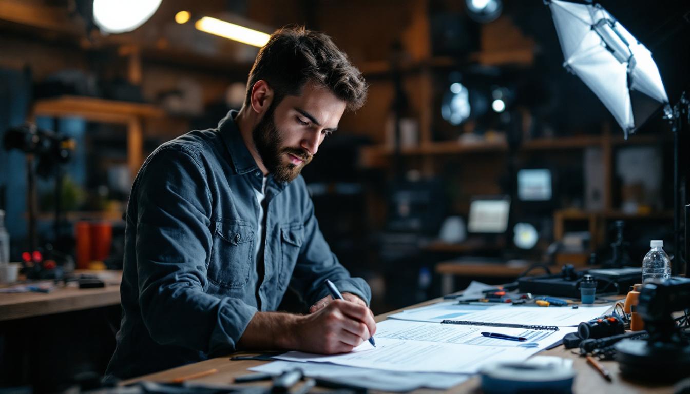 A photograph of a lighting engineer meticulously reviewing a comprehensive checklist in a well-lit workspace