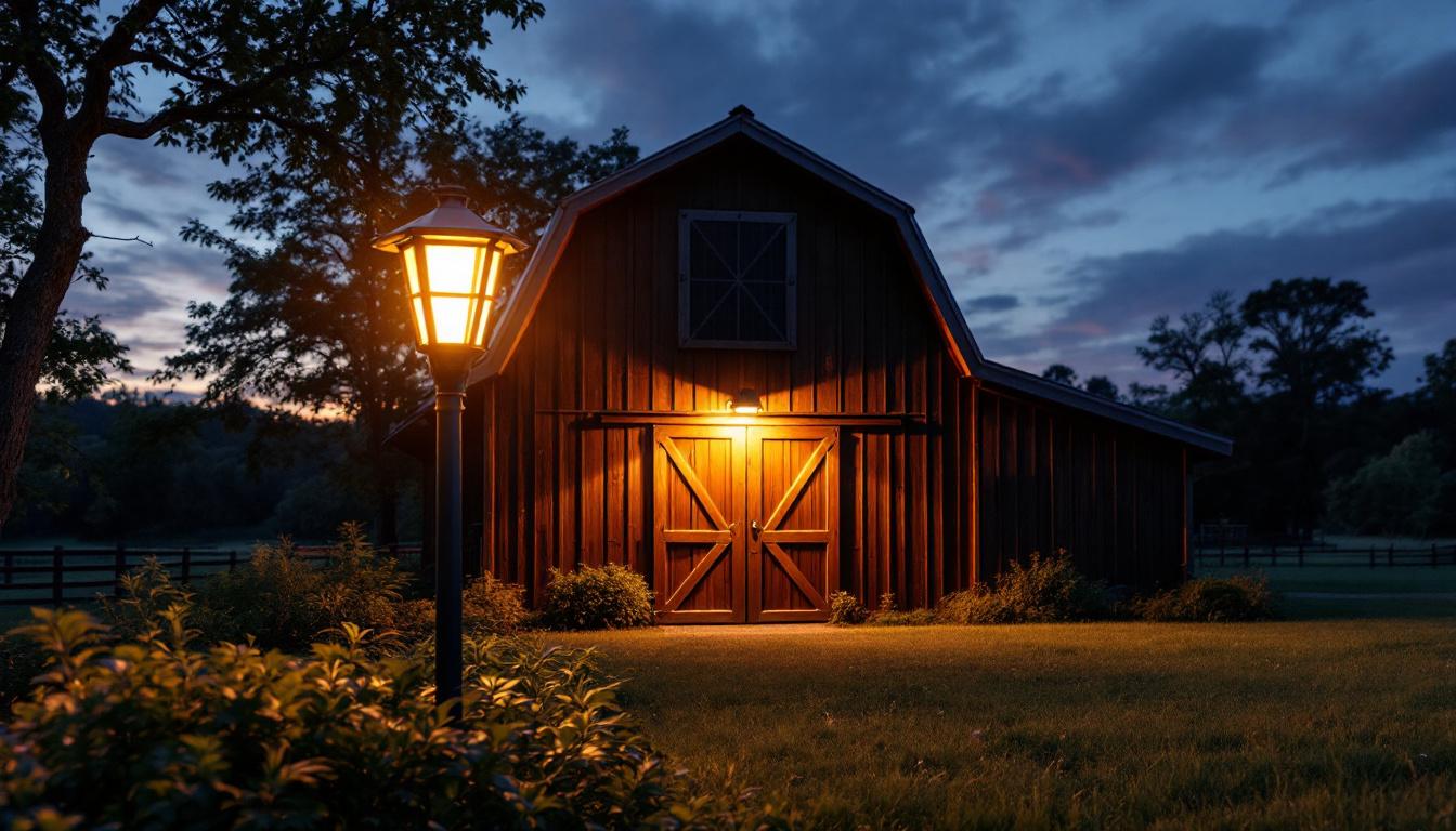 A photograph of a beautifully illuminated solar-powered outdoor barn light in a rustic barn setting during twilight