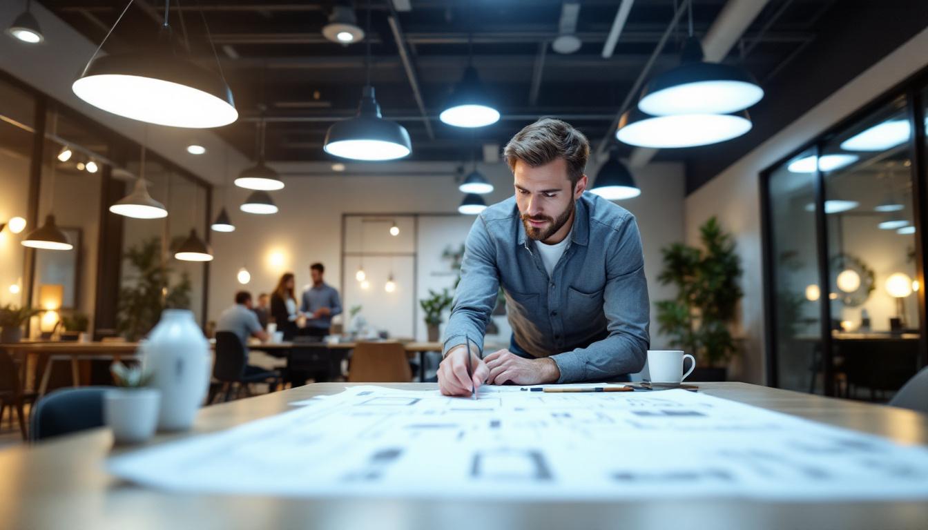 A photograph of a modern office space showcasing various types of led lighting fixtures