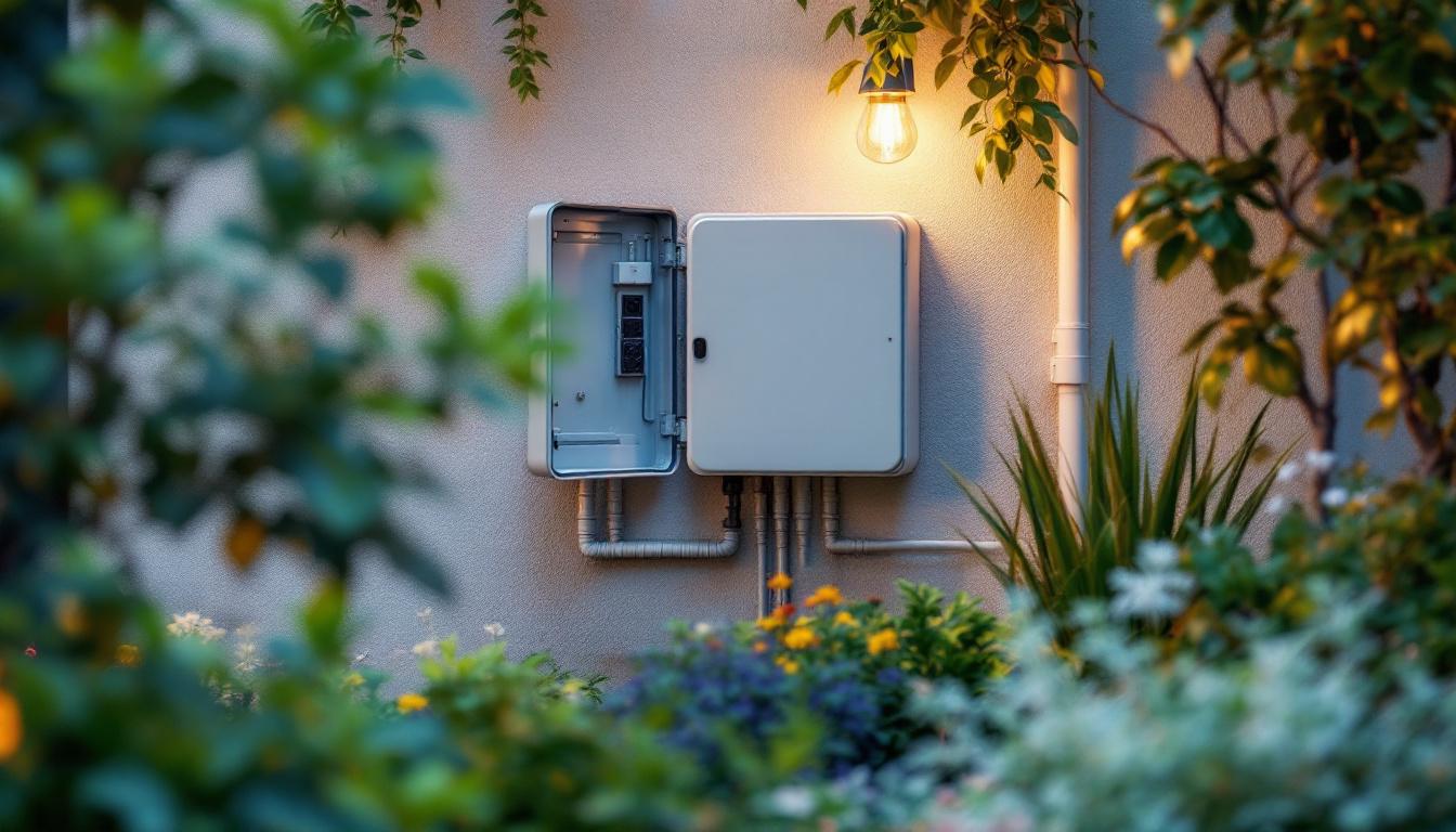 A photograph of capture a photograph of a well-installed outdoor wiring box nestled in a garden or patio setting