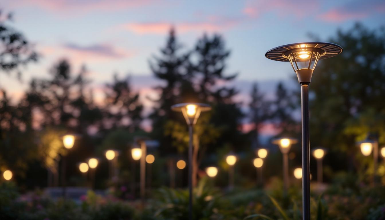A photograph of a well-designed outdoor lighting installation that showcases the interplay of solar-powered fixtures illuminating a garden or public space at dusk