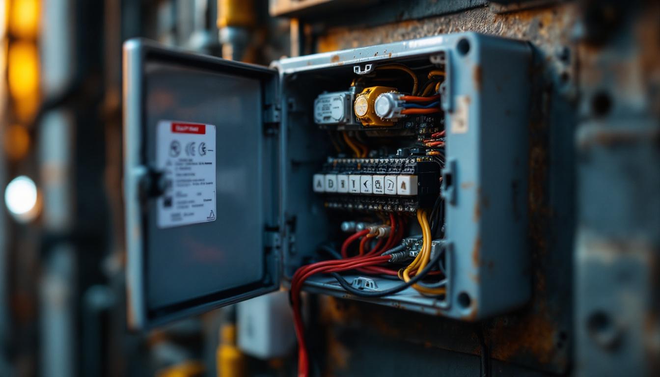 A photograph of a close-up view of an electrical box with its cap removed