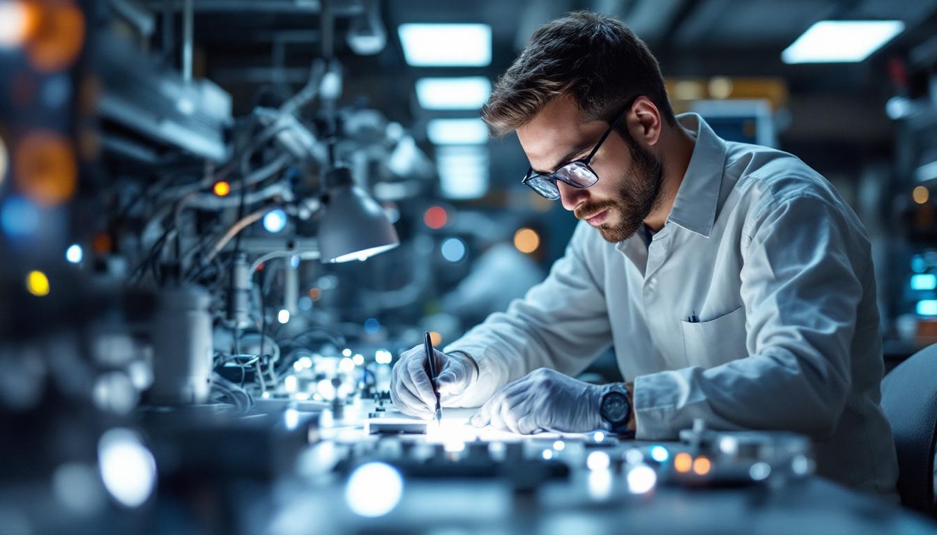A photograph of a skilled engineer or technician working with innovative lighting technologies in a modern laboratory setting