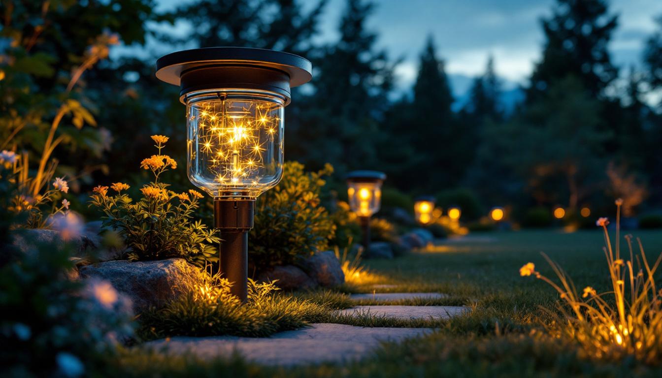 A photograph of a well-lit landscape featuring various low voltage connectors and landscape lighting installations