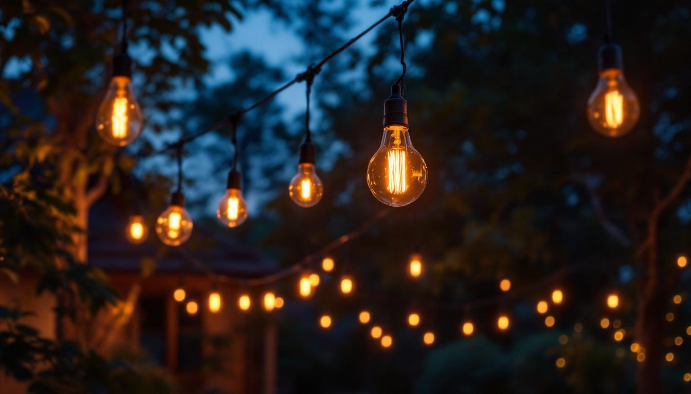A photograph of a beautifully illuminated outdoor space featuring various hanging lights