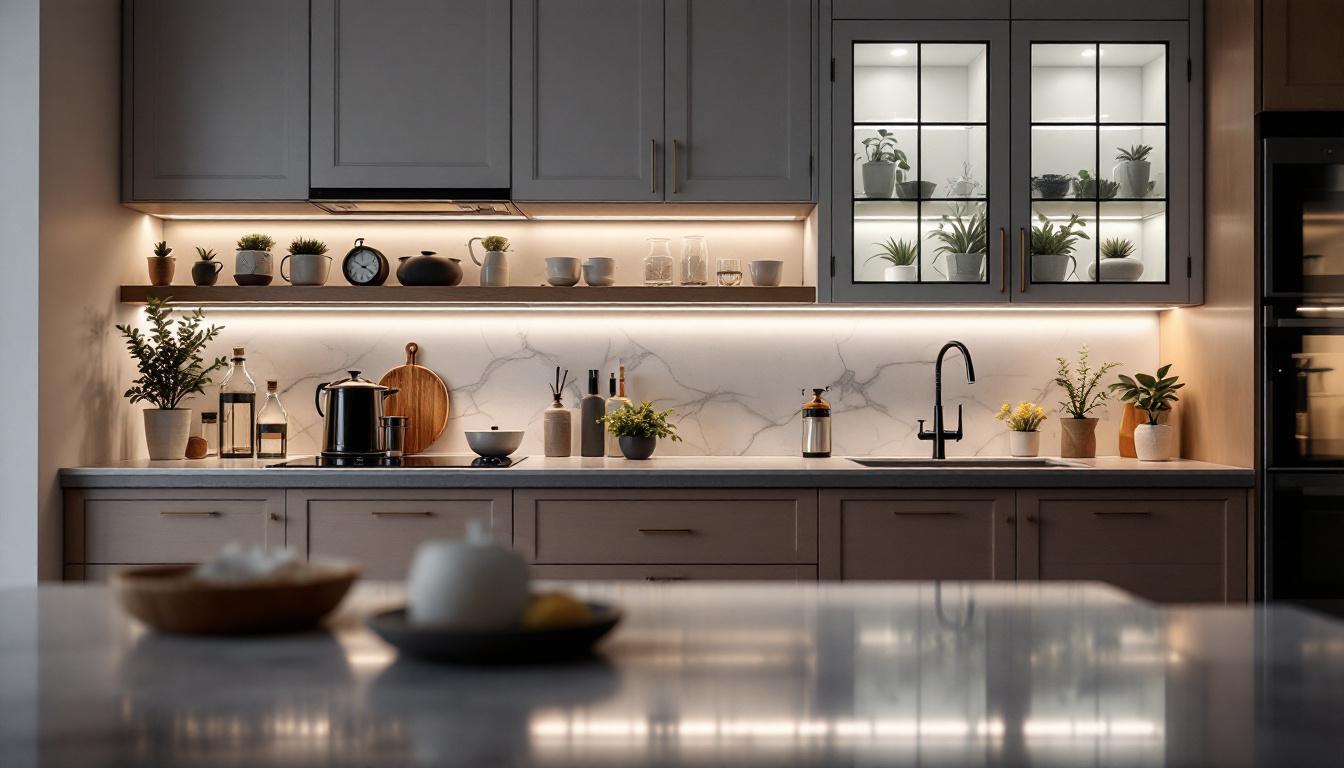A photograph of a beautifully designed kitchen featuring led lights installed above the cabinets