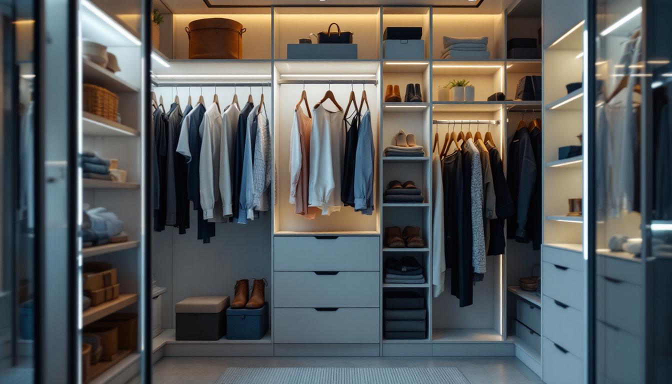 A photograph of a beautifully organized walk-in closet featuring energy-efficient led lighting that highlights the clothing and accessories