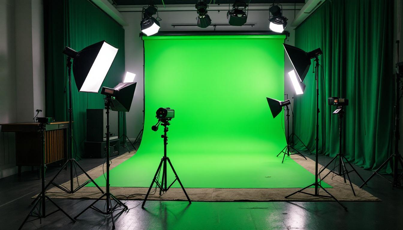 A photograph of a well-lit green screen setup in a studio