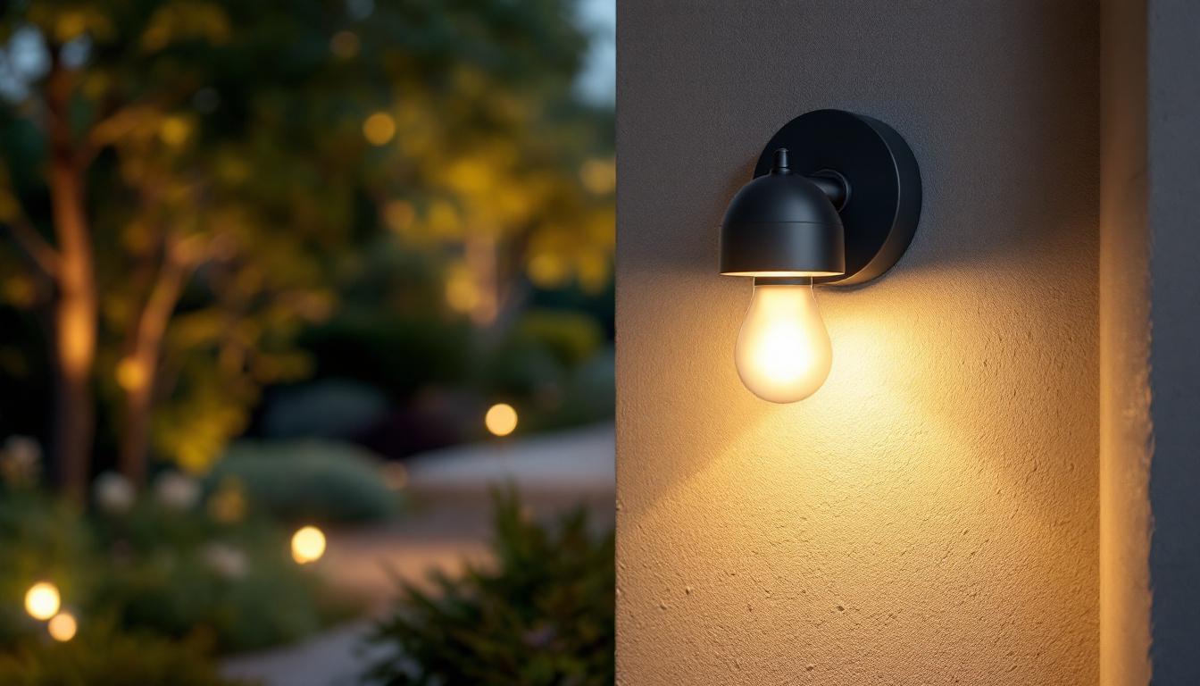 A photograph of a stylish exterior light fixture with an integrated outlet