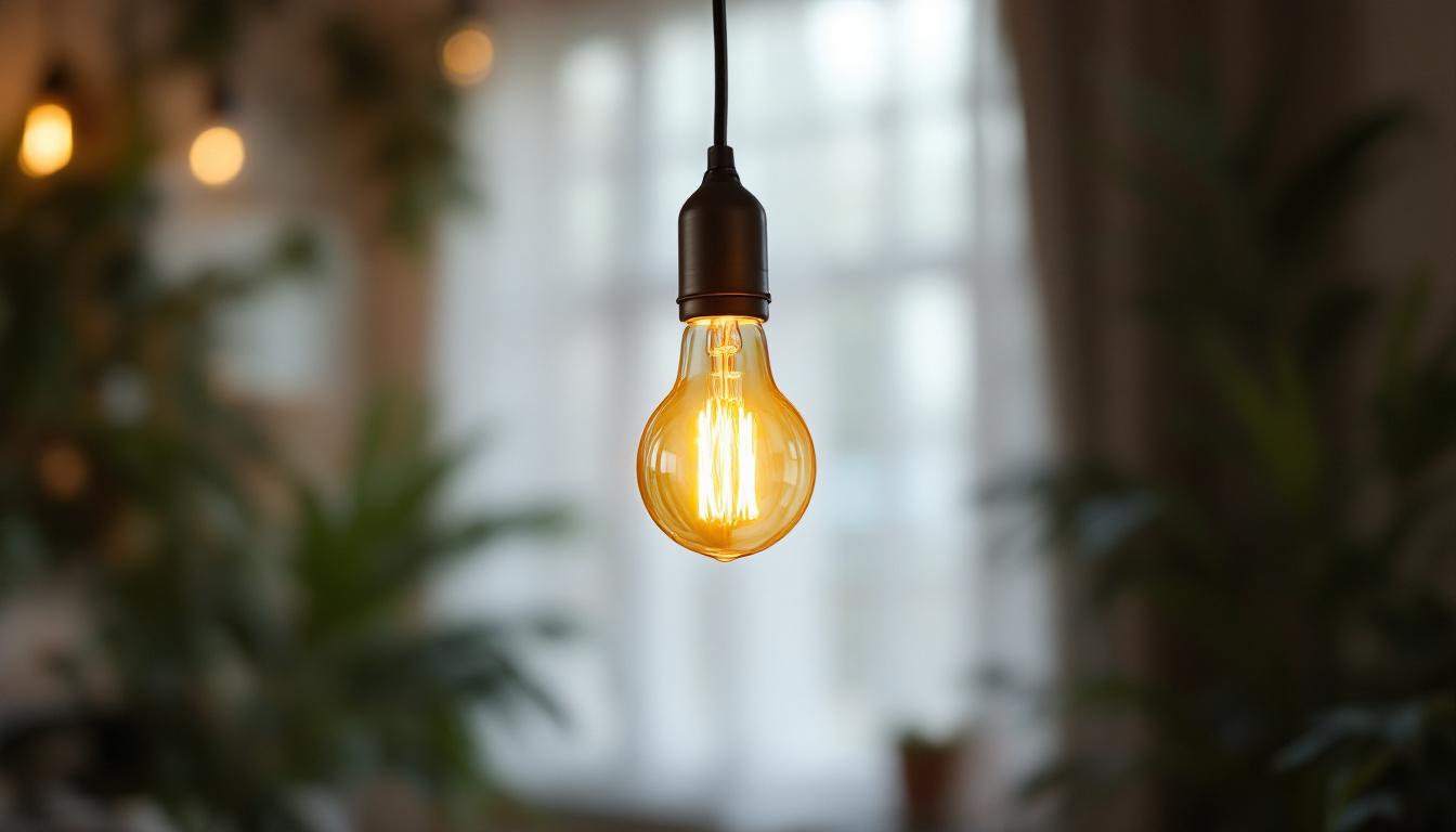 A photograph of a stylish light bulb pendant light hanging in a cozy