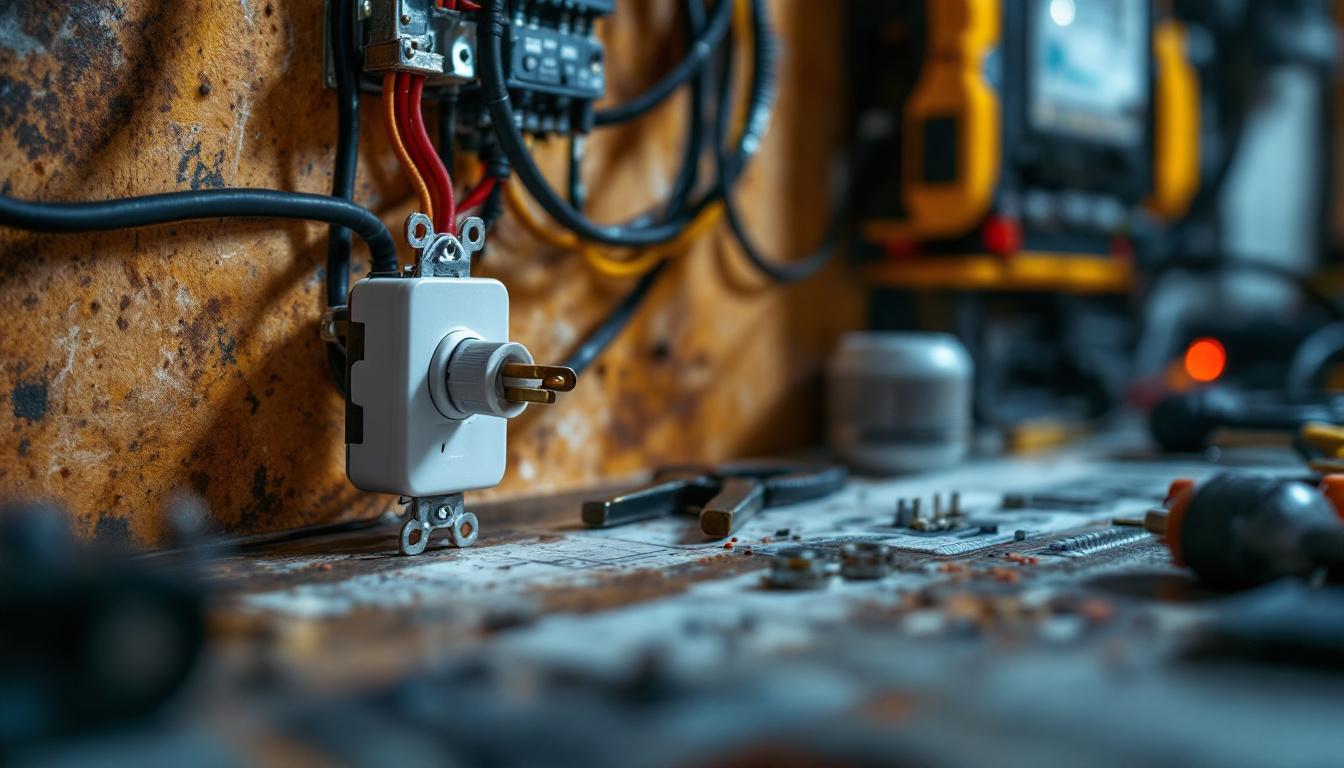 A photograph of a close-up shot of a well-organized electrical workspace featuring an ac receptacle