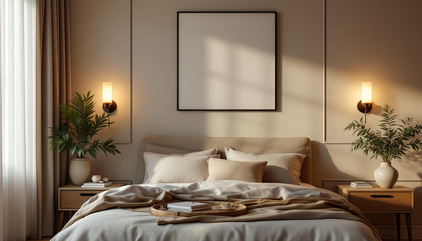 A photograph of a beautifully designed bedroom featuring elegant light sconces that highlight the room's ambiance