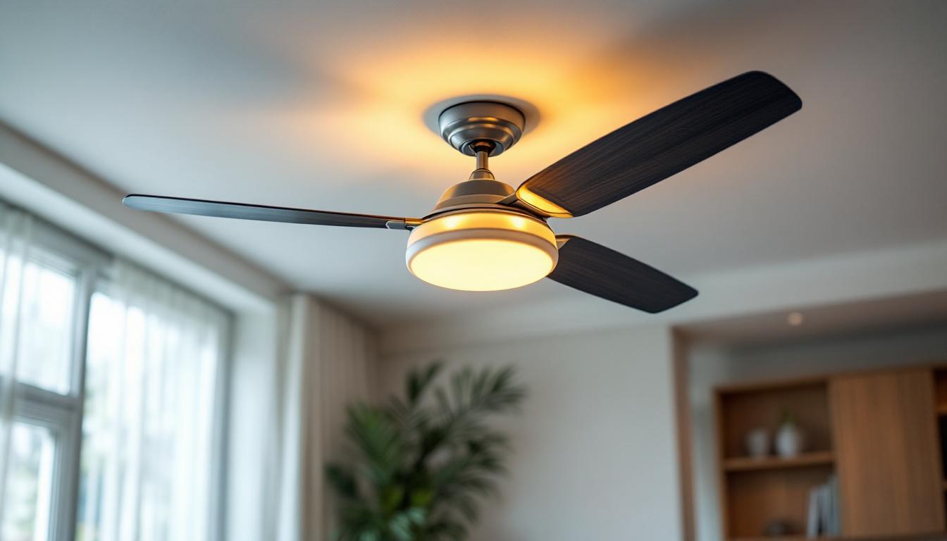 A photograph of a beautifully designed ceiling fan with an integrated light kit
