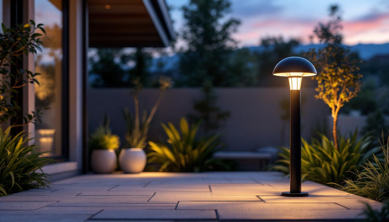 A photograph of a beautifully designed outdoor space illuminated by a light solar lamp at dusk