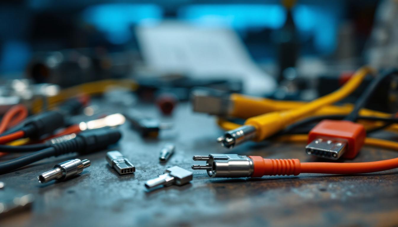 A photograph of a close-up of various single wire electrical connectors laid out on a workbench