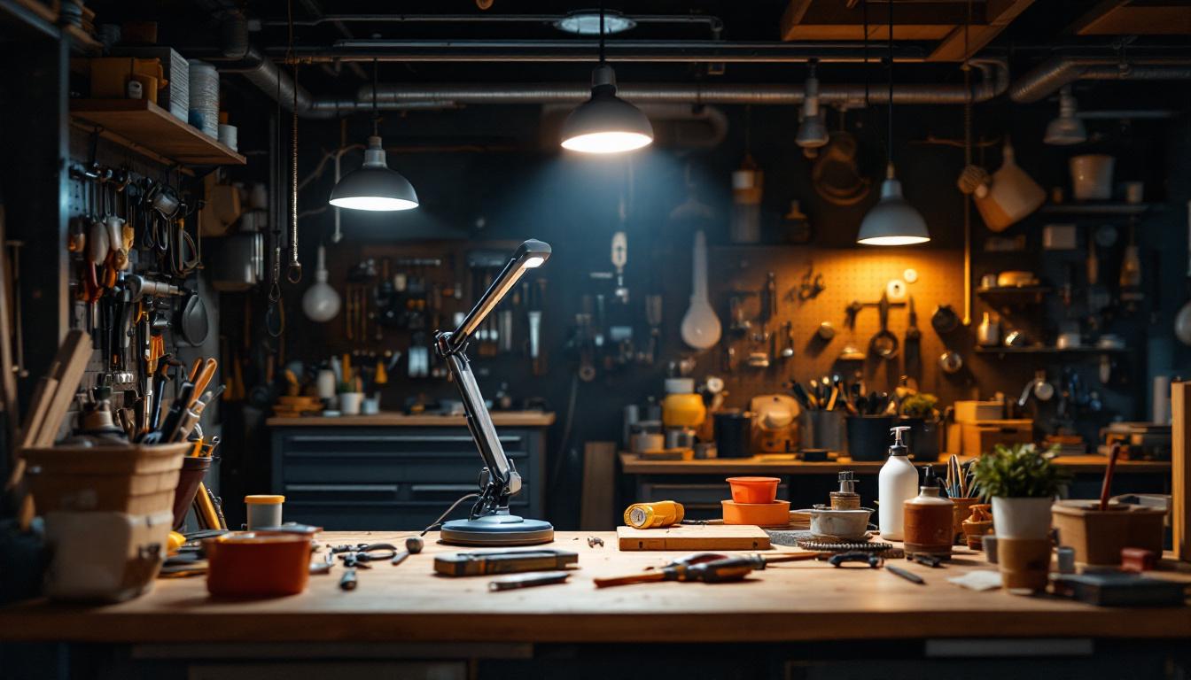 A photograph of a well-lit workshop featuring a hardwired shop light in action