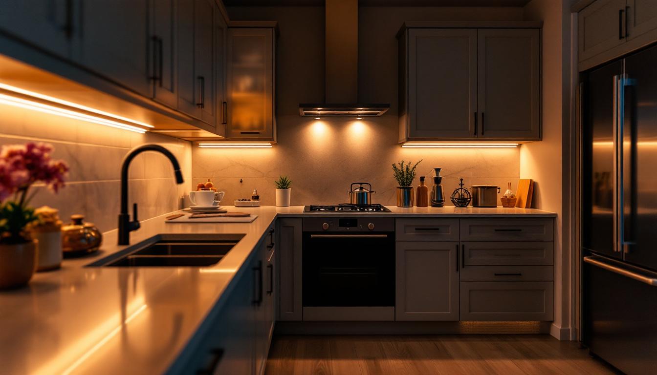 A photograph of a beautifully designed kitchen or workspace illuminated by under-the-counter led strip lights