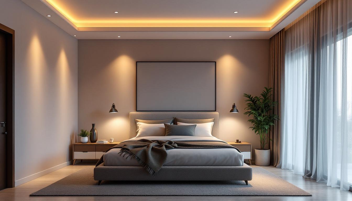 A photograph of a beautifully designed bedroom featuring recessed lighting that highlights the room's aesthetic