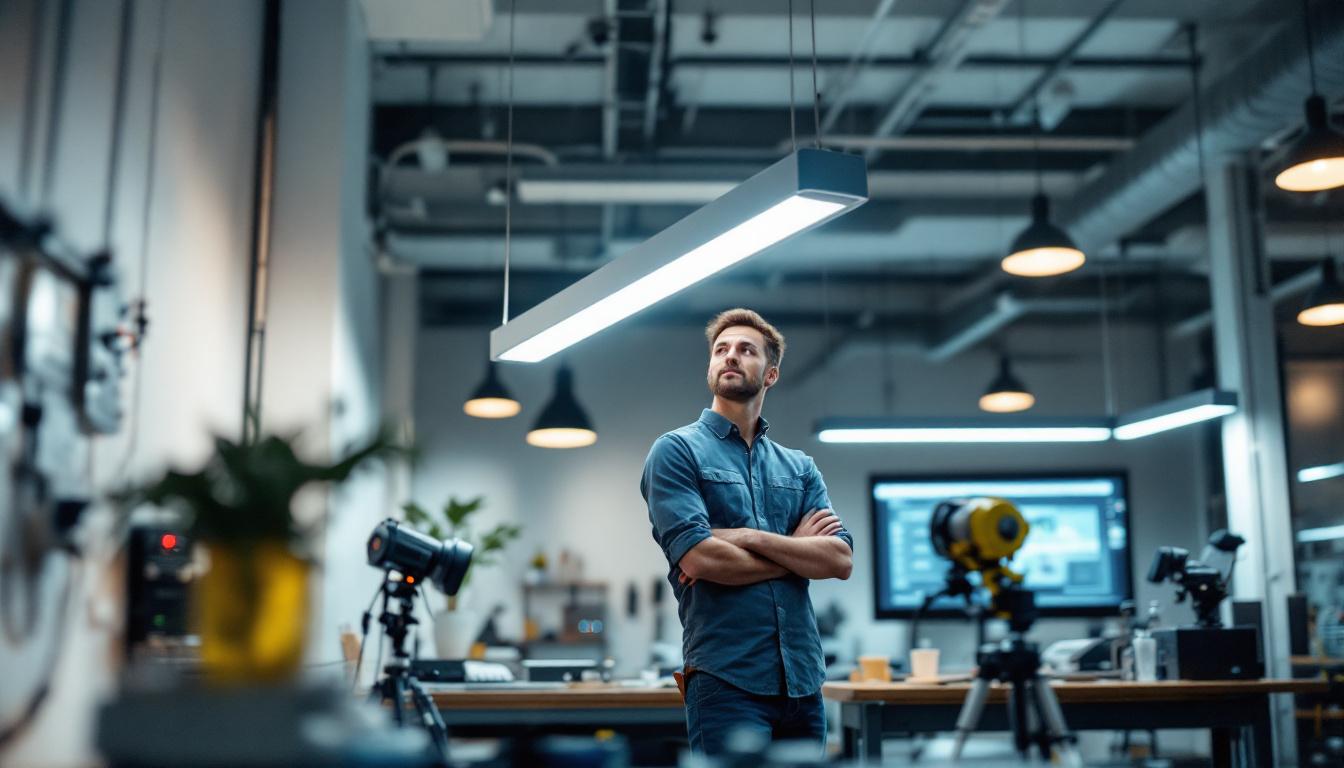 A photograph of a well-lit workspace featuring a t5 light fixture installed in a modern setting