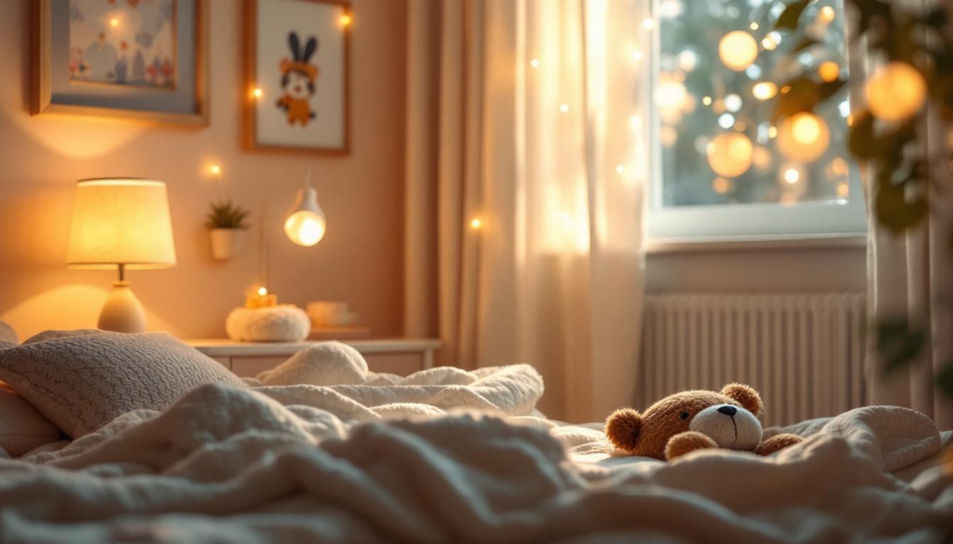 A photograph of a cozy nursery scene featuring soft
