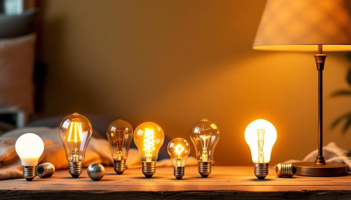 A photograph of a well-lit scene featuring a variety of light bulbs
