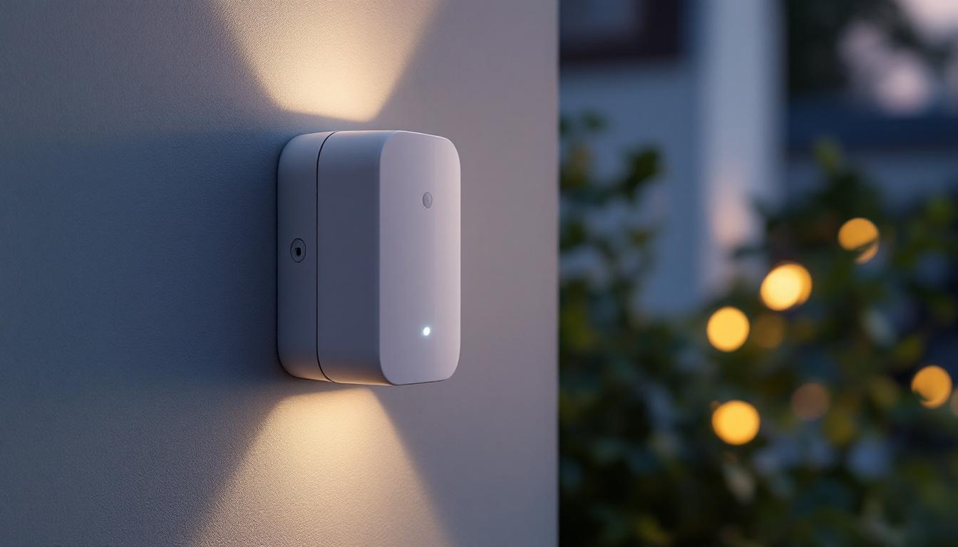 A photograph of a sleek exterior motion detector mounted on a wall