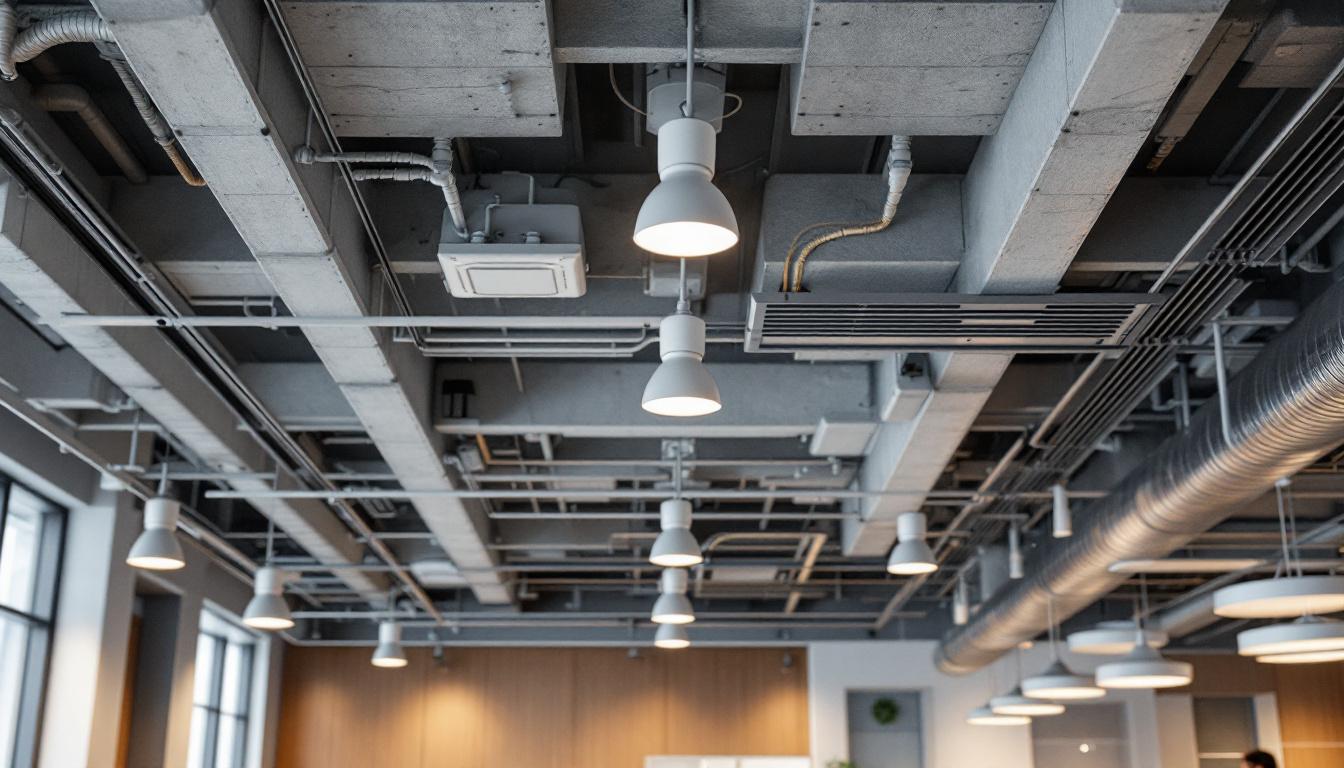 A photograph of a well-designed suspended ceiling in a modern commercial space