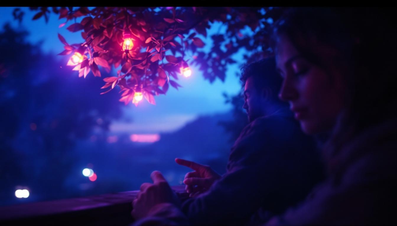 A photograph of a beautifully illuminated outdoor scene at dusk