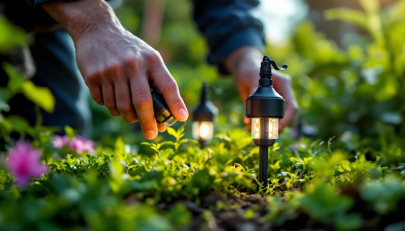 A photograph of a close-up shot of low voltage garden light connectors being installed in a lush garden setting
