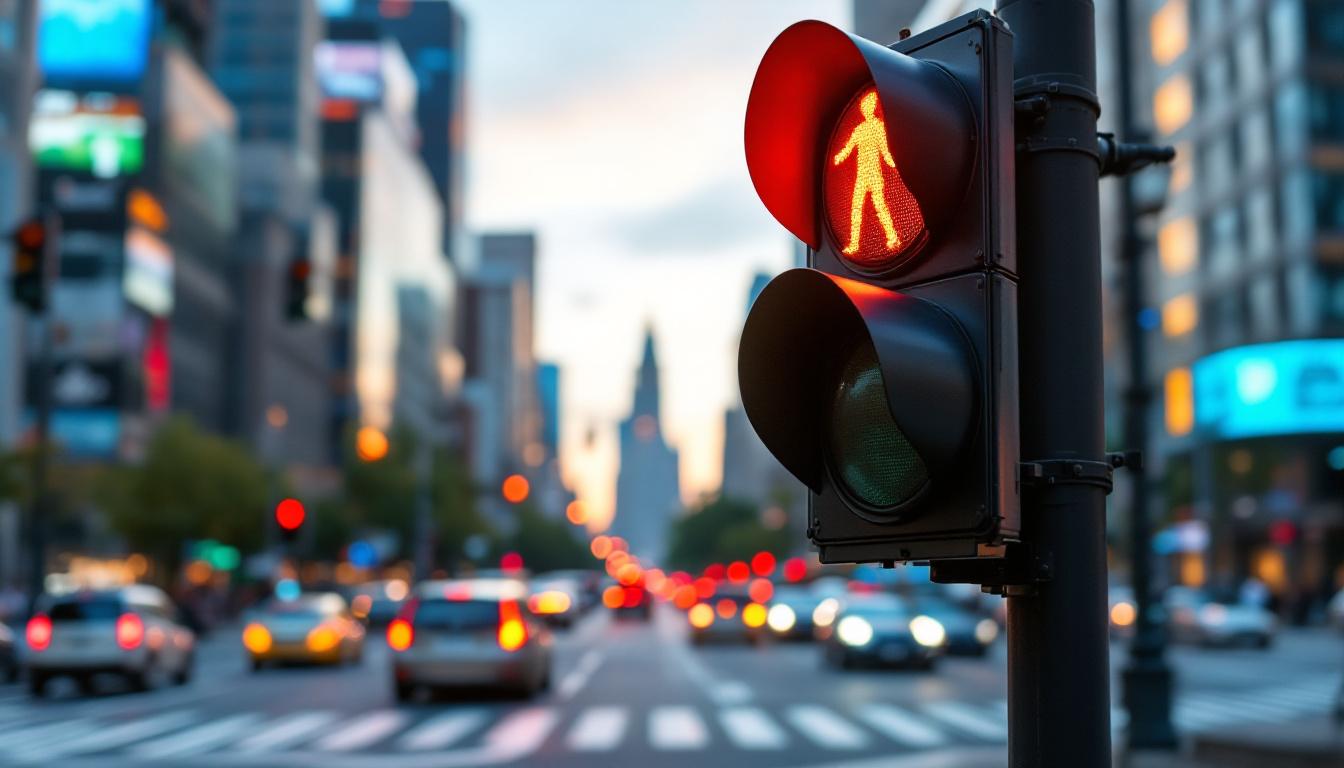 A photograph of a busy intersection featuring a vibrant stoplight in action