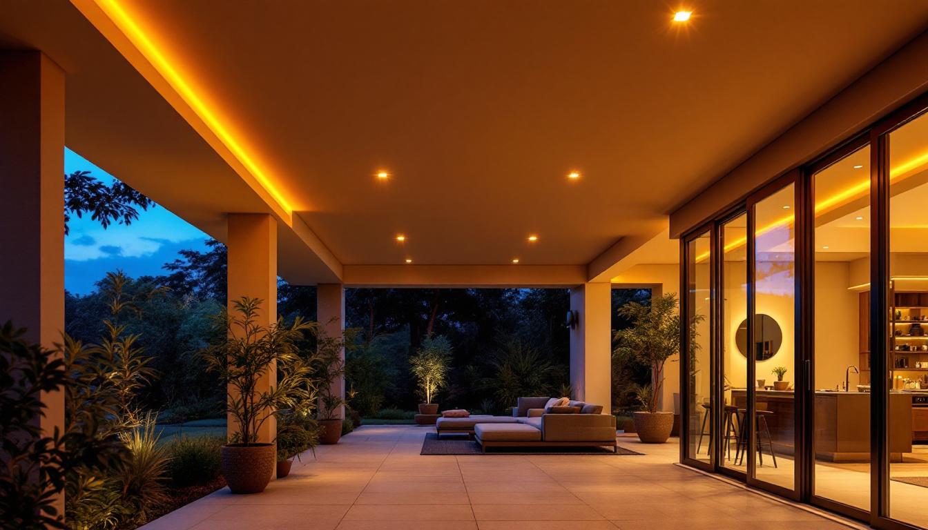 A photograph of a beautifully designed outdoor space featuring recessed exterior ceiling lighting