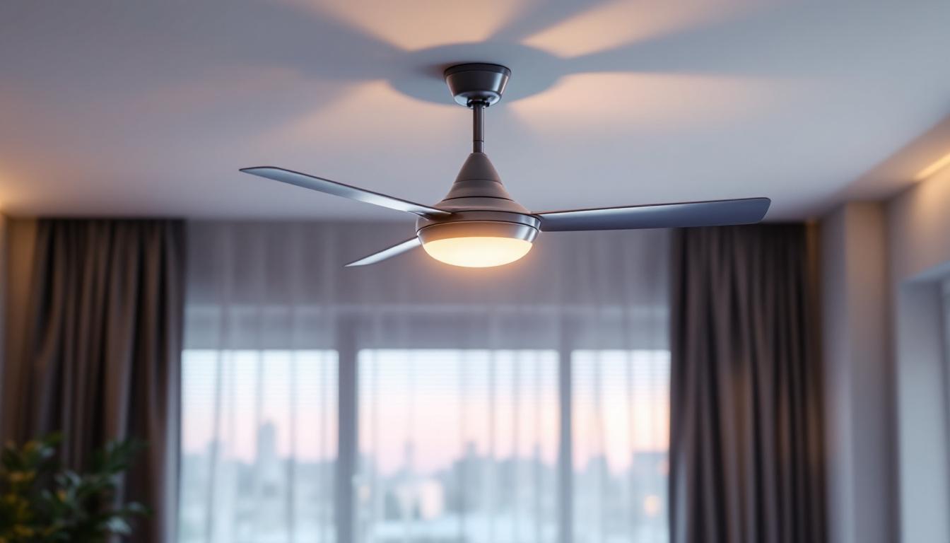 A photograph of a stylish ceiling fan with an integrated switch