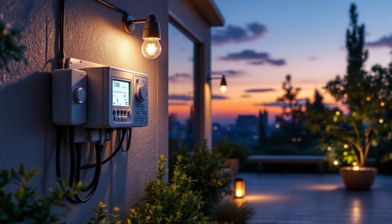 A photograph of a beautifully illuminated outdoor space featuring hardwired timers for lighting