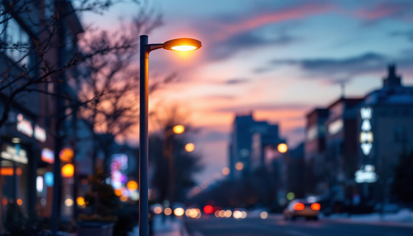 A photograph of a modern electric lamp post illuminating a vibrant urban street at dusk