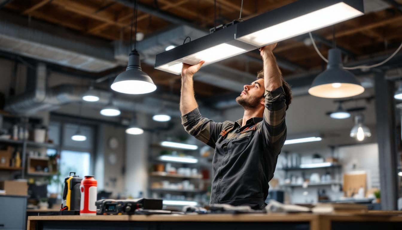 A photograph of a well-lit workspace featuring a person safely hanging shop lights