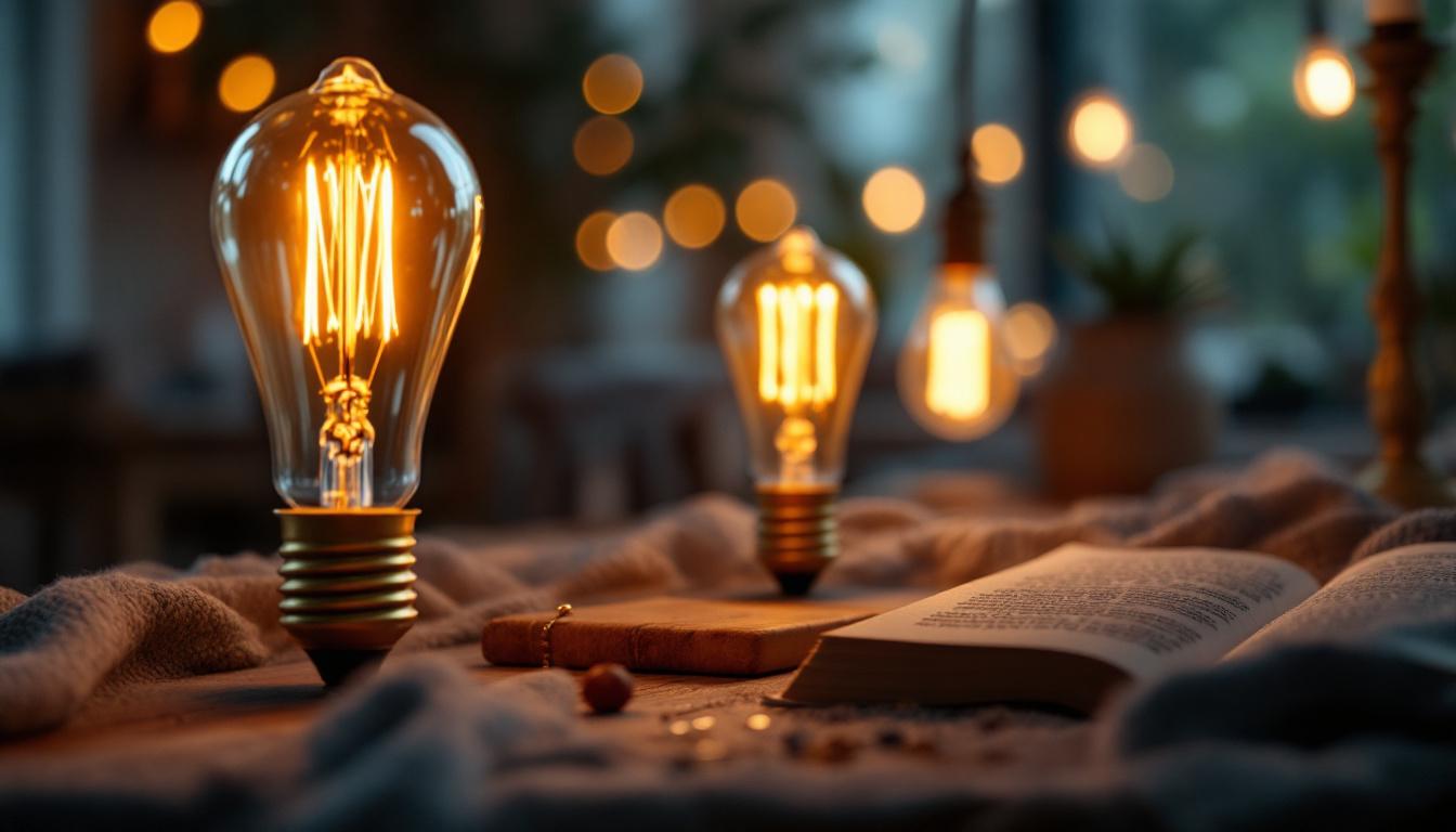 A photograph of a beautifully arranged setting featuring led vintage bulbs illuminating a cozy