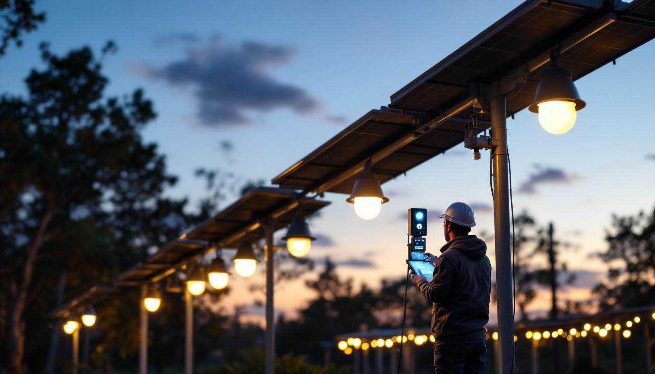 A photograph of a solar-powered led lighting installation in an outdoor setting