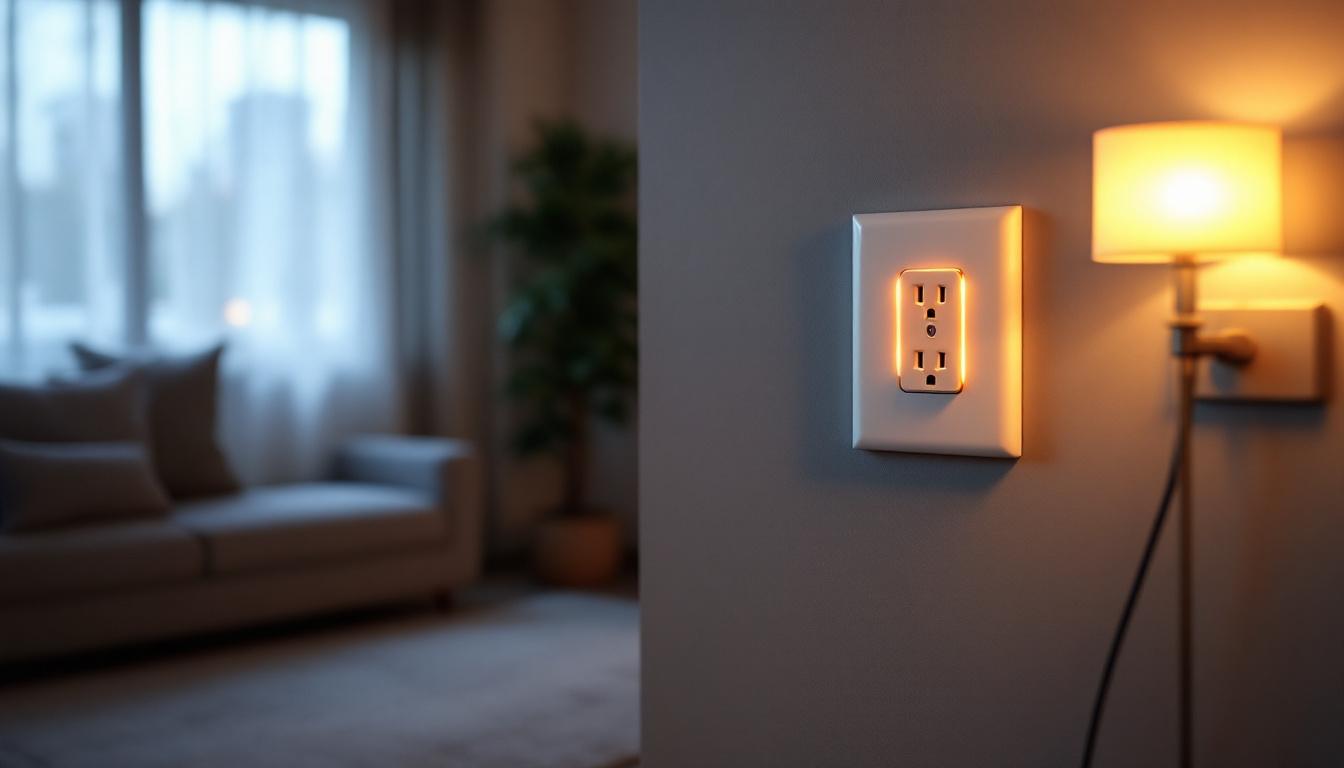 A photograph of a well-lit room featuring a 4-way electrical outlet in use