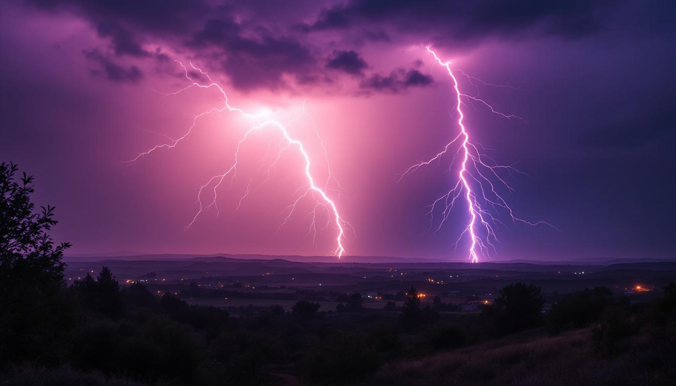 A photograph of a dramatic lightning strike illuminating a landscape at dusk