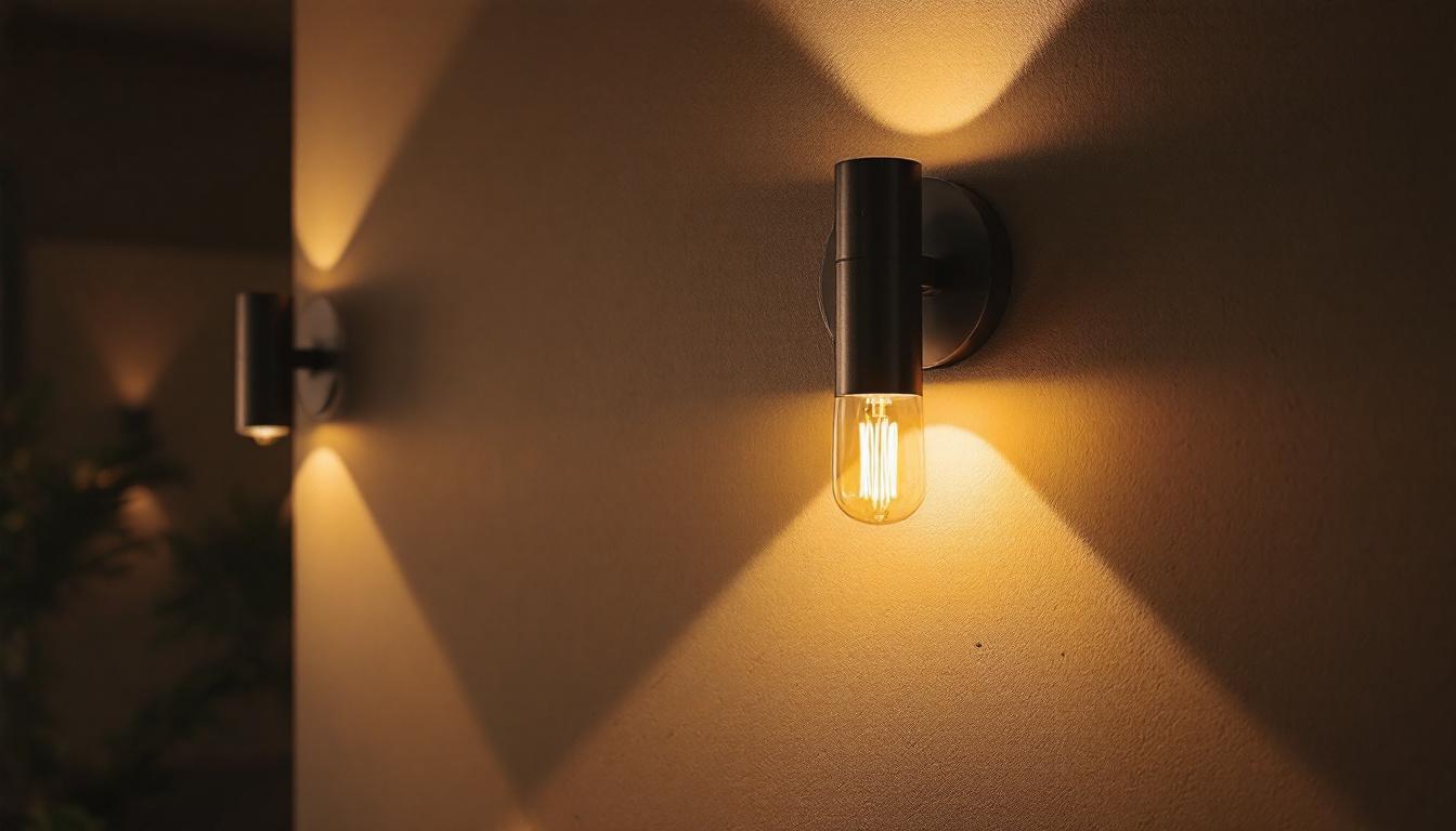 A photograph of a stylish small wall sconce light mounted on a textured wall